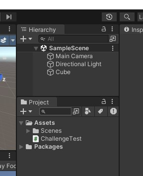 Unity project with added cube and ChallangeTest Asset